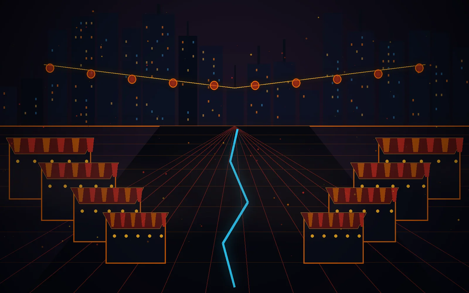 Illustrated neon market alley with glowing route lines and arcade food stalls