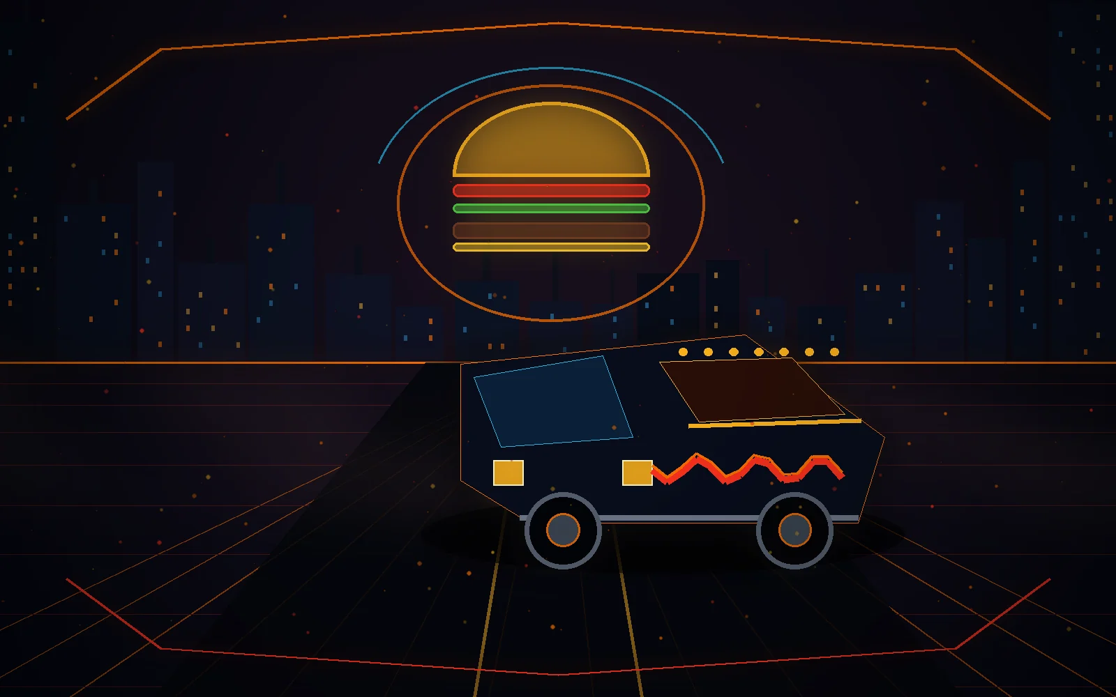Neon arcade food truck beneath a glowing burger hologram in a futuristic city