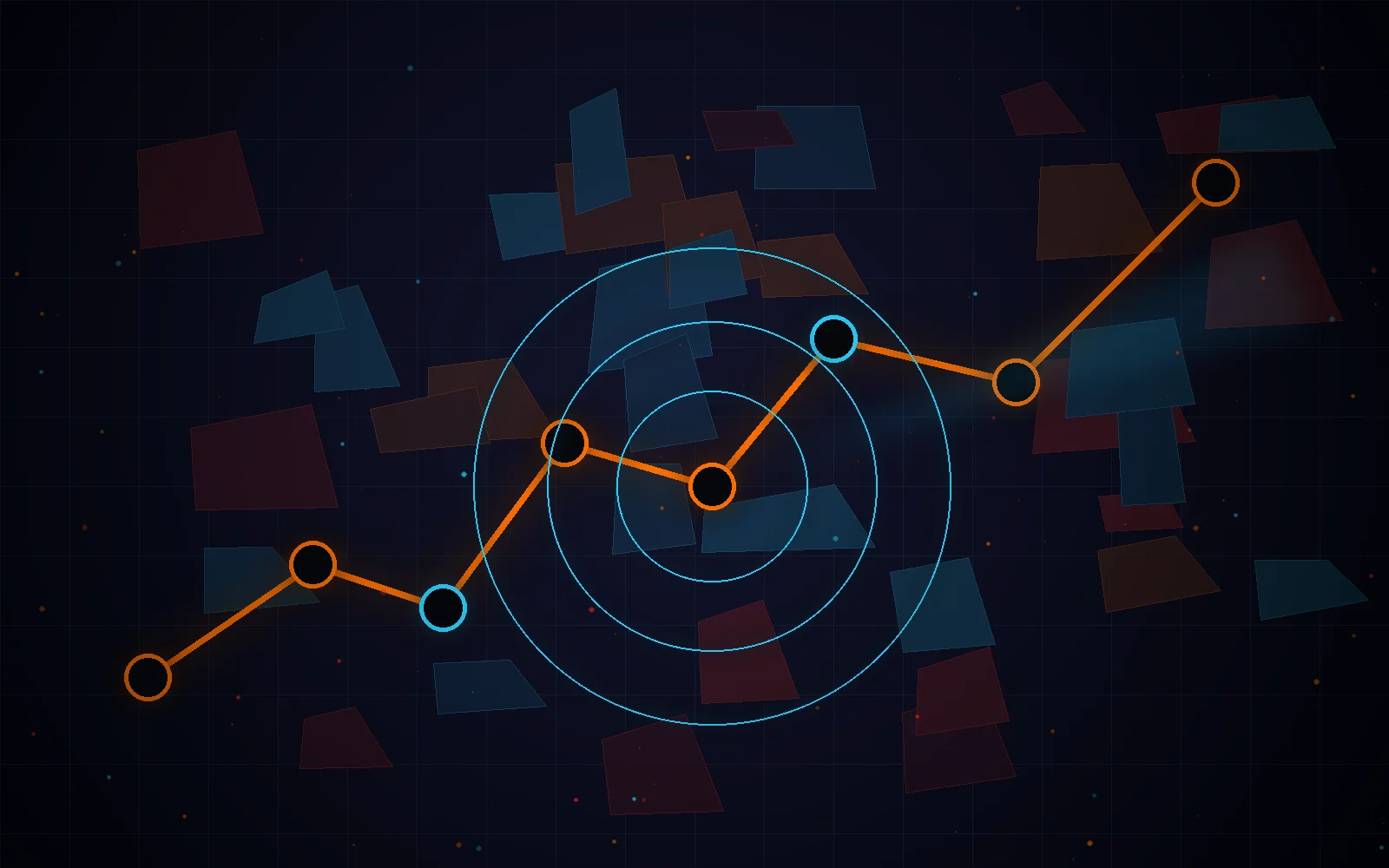 Holographic city mission map with orange routes, radar rings, and glowing checkpoints